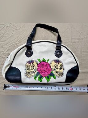 Rock Rebel Large Skull & Rose Satchel Top Handle Zip Bag Purple Lining Pockets